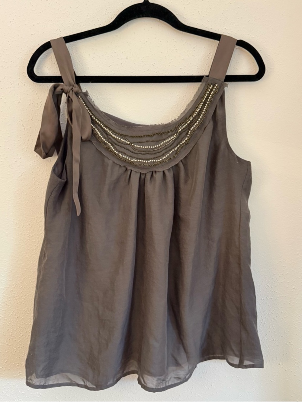 LOFT Taupe Beaded Tie-Shoulder Camisole